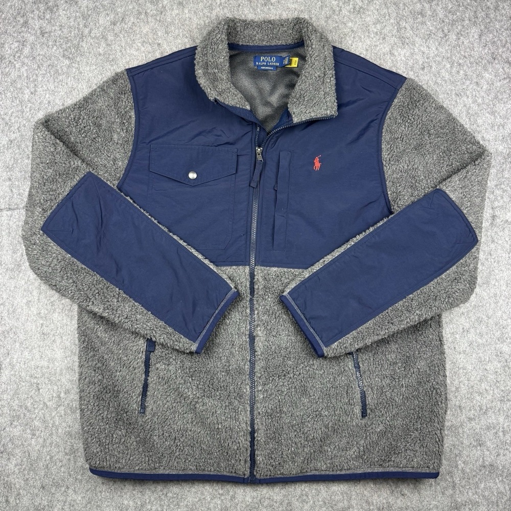 Polo Ralph Lauren Jacket Mens XL Deep Pile Gray Blue Hybrid Fleece Full Zip